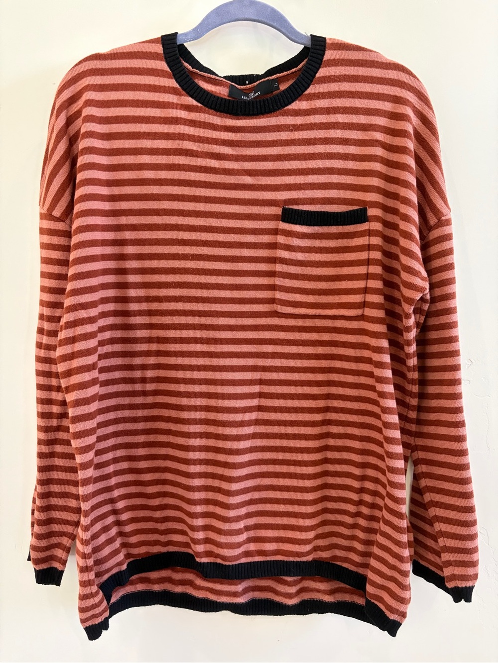 Striped Crewneck Sweater in Rust Pink with Black Trim